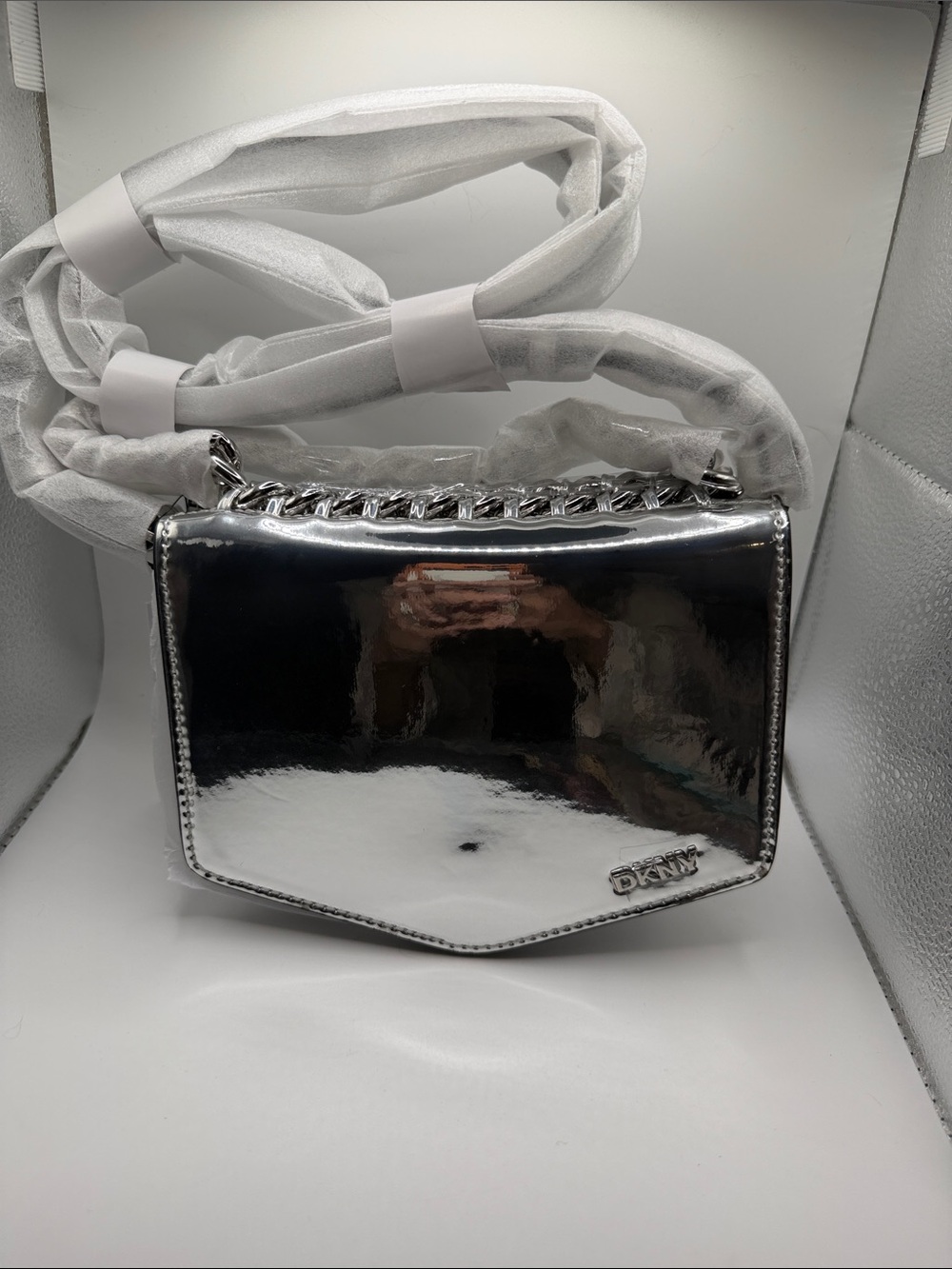 DKNY Silver Mirror Metallic Chain Crossbody Bag